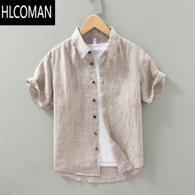 HLCOMAN夏季新款亚麻短袖衬衫男薄款透气宽松休闲棉麻衬衣高级感寸衫外套