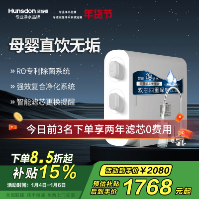 汉斯顿/Hunsdon[国家补贴] 0阻垢剂添加净水器家用直饮净水机厨下式RO反渗透母婴直饮机自来水过滤器D3