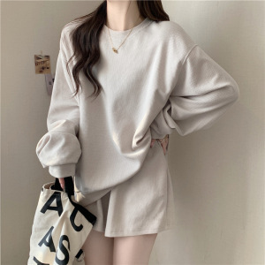 华夫格长袖T恤卫衣+三分裤短裤子两件套女圆领打底衫女士休闲套装_114