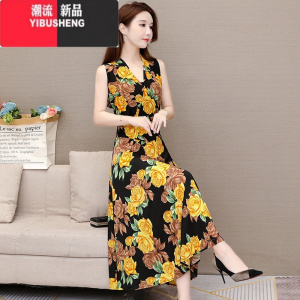 YIBUSHENG牛奶丝连衣裙女2024年气质中年妈妈大码无袖长裙碎花吊带大摆裙