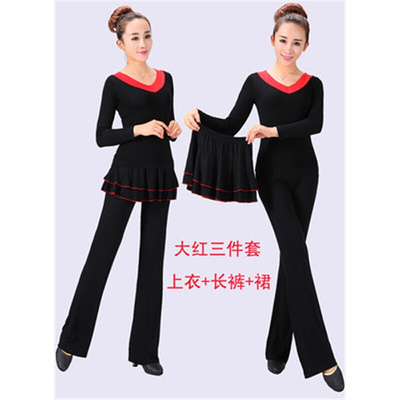 珂卡慕(KEKAMU)女士户外广场舞服装新款健身跳舞服运动瑜伽舞蹈演出服分体裙裤长袖套装大红V领长袖三件套M