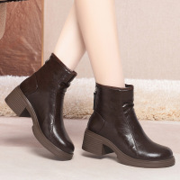 加厚棉靴粗跟圆头防水台后拉链骑士靴