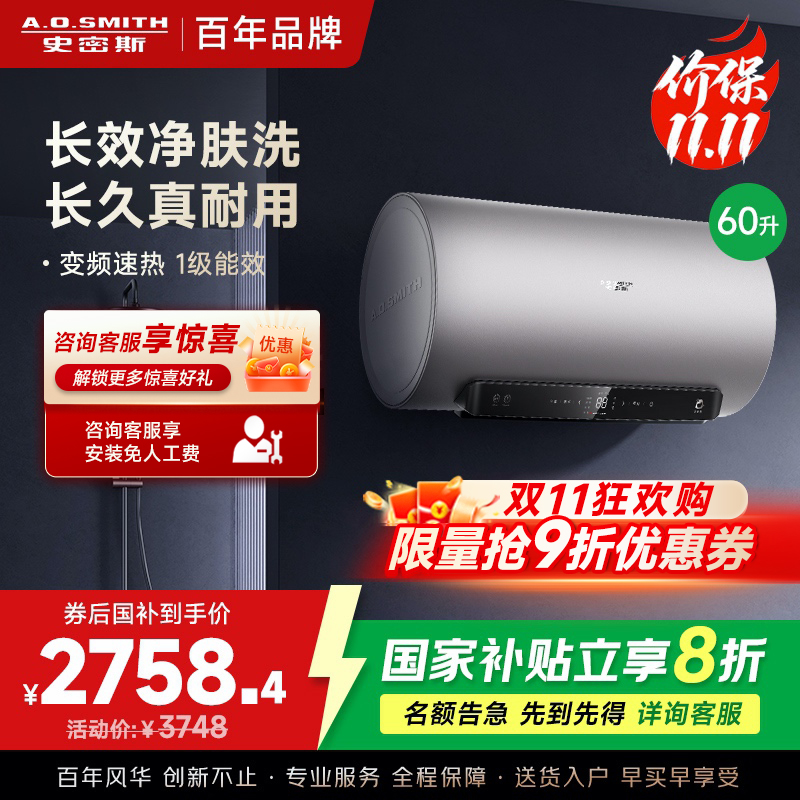 AO史密斯电热水器60升 国家补贴 80吨长效净水洗 免清洗 3kW变频速热 金圭特护 短款 E60ED6 -B