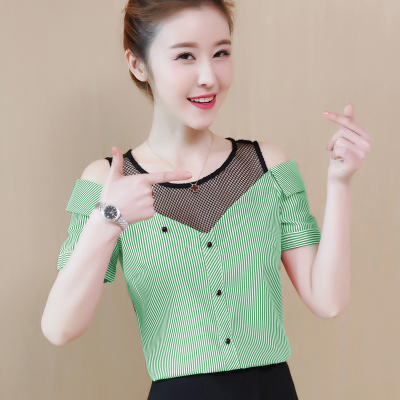 待君归 短袖t恤女2018夏装新款棉料打底小衫女装条纹V领网纱露肩心机修身上衣