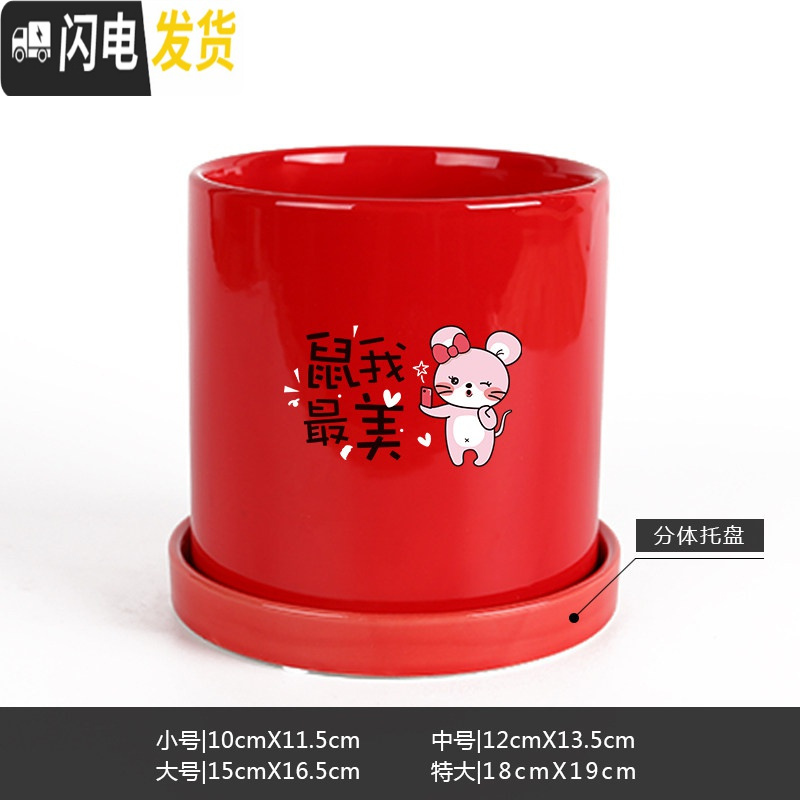 三维工匠鼠年本命年装饰创意中国红插银柳简约圆柱绿植多肉带托盘陶瓷花盆 鼠我-亮光红 中等花盆容器