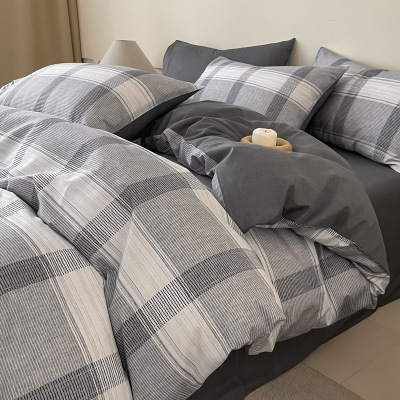 2026新款纯棉床上四件套全棉简约条格被套床单三件套床品