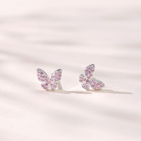 原创蝴蝶粉钻耳钉女纯银个性小巧清新耳环2022新款耳饰品直播货源送女朋友老婆情人节七夕生日礼物