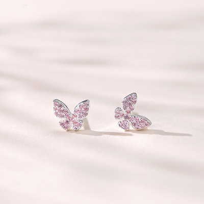 原创蝴蝶粉钻耳钉女纯银个性小巧清新耳环2022新款耳饰品直播货源送女朋友老婆情人节七夕生日礼物