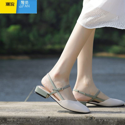 聚范2021年夏季新款百搭仙女风半包头凉鞋女平底鞋配裙子的一字带粗跟