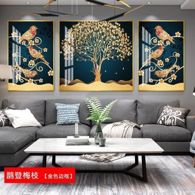 晶瓷工艺客厅三联挂画现代简约抽象装饰鹊登梅枝（金色边框）80*100cm三联套装（建议4.2米以上沙发）太空银铝合