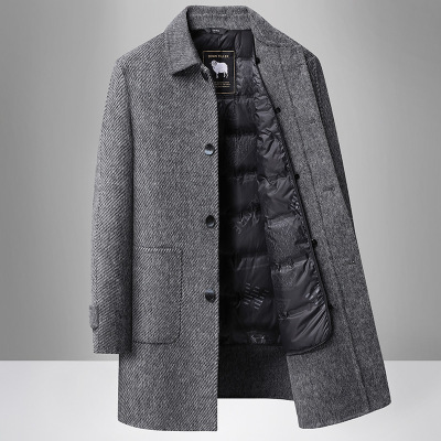 人字纹双面呢羊毛大衣男式秋冬鹅绒脱卸内胆中长商务毛呢外套