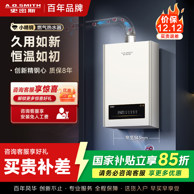 AO史密斯新品小体积16升精钢燃气热水器 JSQ31-EC3 负压燃烧更安全 精控恒温 家用持久恒温大水量