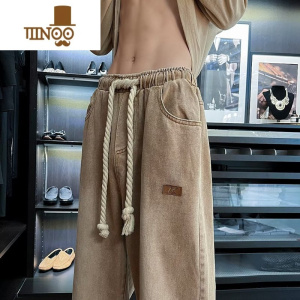 YANXU欧美高街vibe裤子大抽绳松紧腰牛仔裤男款oversize宽松直筒阔腿裤