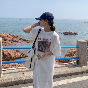 6535棉夏季新款韩版宽松字母印花学生开叉短袖中长款连衣裙女INS_652