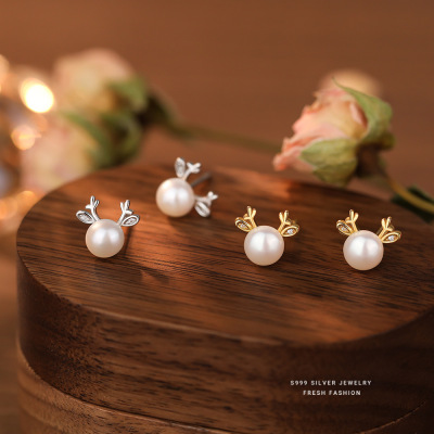 淡水珍珠小鹿耳钉女s999纯银韩版百搭简约一鹿有你足银耳饰代发送女朋友老婆情人节七夕生日礼物