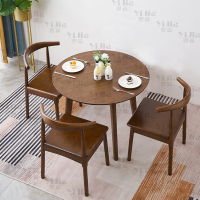 翌嘉 实木小圆桌简约圆形餐桌接待洽谈桌茶桌椅组合 胡桃色0.8米一桌三椅