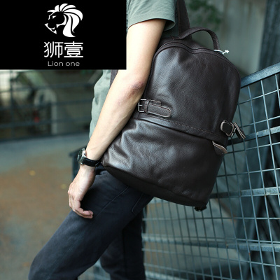 狮壹（Lionone）双肩包男时尚复古背包休闲旅行包电脑包潮黑色