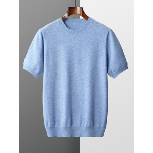 春秋新款平面纯色针织短袖T恤圆领羊毛衫男士打底套头毛衣半袖