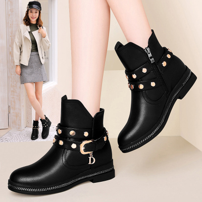 古奇天伦粗跟女靴秋冬季新款平底内增高纯色女短靴加绒高帮女鞋利德尚品9198