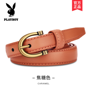 花花公子女士皮带百搭裤腰带真皮装饰牛仔裤带方扣细黑色时尚韩版