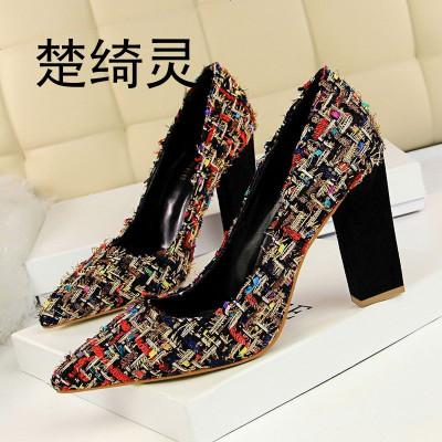 楚绮灵5239-8欧美夜店显瘦高跟鞋女鞋粗跟拼色编织浅口尖头高跟单鞋