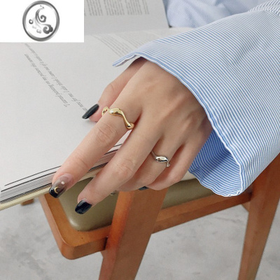 JiMi日韩S925银银简约个性不规则波浪纹光面开口戒指食指环