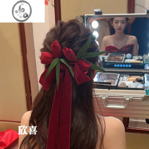 JiMi绒花玫瑰花苞套装简约气质时尚结婚礼服发饰红色新娘敬酒服头饰 模特同款套装