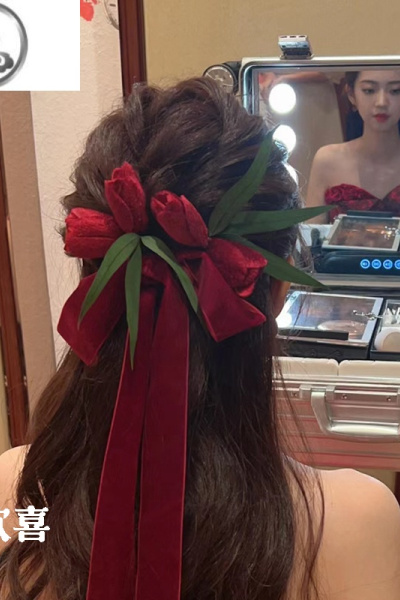 JiMi绒花玫瑰花苞套装简约气质时尚结婚礼服发饰红色新娘敬酒服头饰