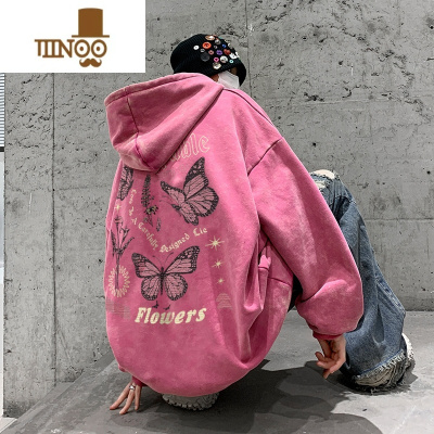 YANXU玫红色500g高克重卫衣男硬挺加绒加厚美式高街hiphop外套