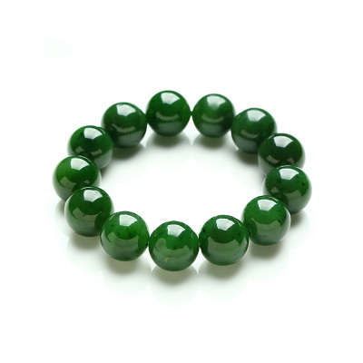 帛兰梓韵天然和田碧玉玉石手链15mm圆珠菠菜绿黑点玉石手饰男女款单圈大珠子手串碧玉15MM