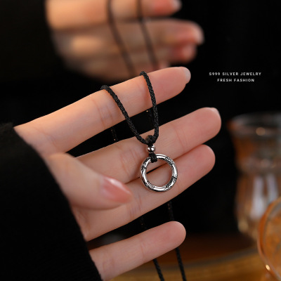 s999足银编织黑绳平安福圆环项链女情侣款个性简约百搭平安扣吊坠送女朋友老婆情人节七夕生日礼物
