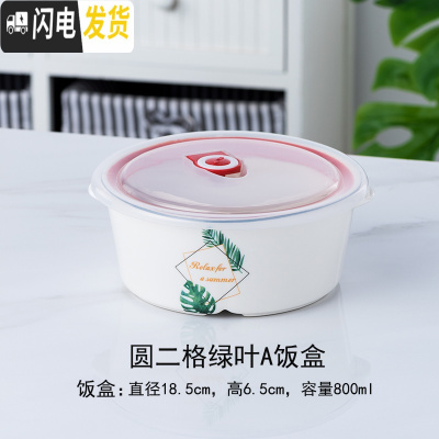 三维工匠微波炉加热分隔型陶瓷饭盒上班族带饭保鲜盒套装密封带盖碗便当盒 圆二格绿叶A饭盒