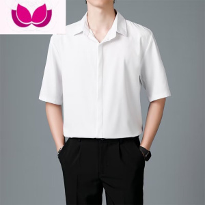 七斓白色短袖衬衫男商务休闲职业正装工装五分半袖黑色寸衬衣垂感免烫