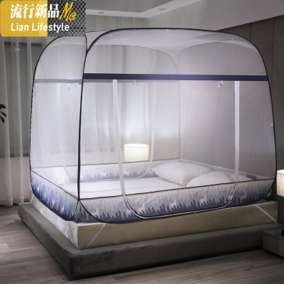 免安装三开大顶坐床式蚊帐拉链可折叠方形蒙古包1.5m米纹账回底 三维工匠