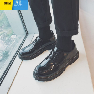 聚范韩国ulzzang男士小皮鞋黑色韩版亮皮圆头学生系带青年休闲男鞋子