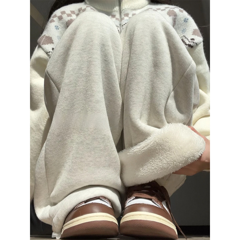 美式运动裤女新款秋冬加绒加厚卫裤宽松慵懒休闲小个子阔腿裤