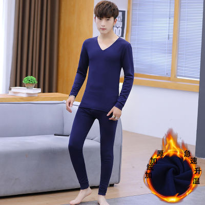 馨洋都无痕薄绒保暖内衣冬打底秋衣秋裤v领莫尔代保暖套装男藏青色M