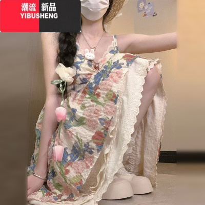 YIBUSHENG法式碎花吊带连衣裙子女季2024新款小个子海边度假气质收腰长裙