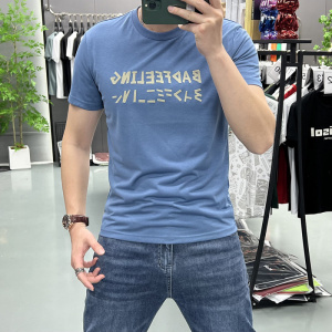 个性不规则植绒字母T恤短袖夏季圆领透气新款体恤时尚修身男上衣