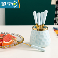 敬平水果叉子家用高端收纳罐蛋糕叉儿童果叉甜品小叉子不锈钢 [天蓝色带金边]★带6叉牙签