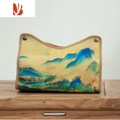 三维工匠家居收纳纸巾盒中式复古棉麻布艺中国风抽纸袋茶室客厅车载纸巾袋 千里江山(纸巾盒)