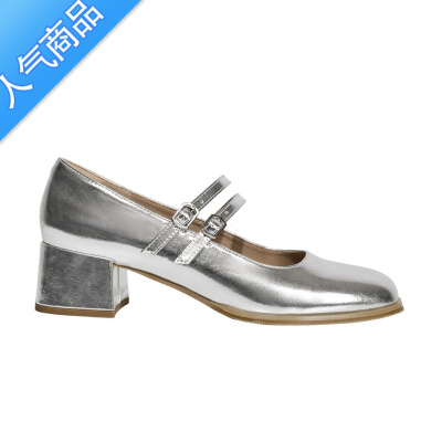 SUNTEK法式方头银色单鞋女设计感小众粗跟玛丽珍鞋复古一字带高跟鞋