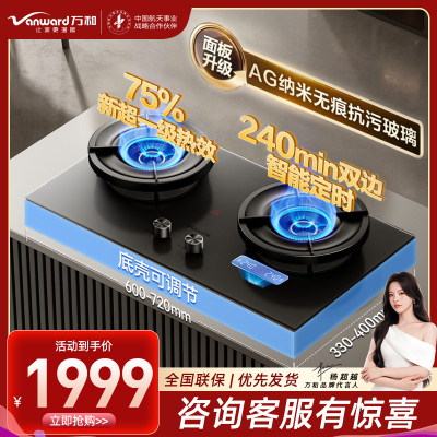 万和[超省星]5.2kW天然气75%超一级能效智能双边定时无痕面板家用煤气双炉燃气灶JZT-01-G95D