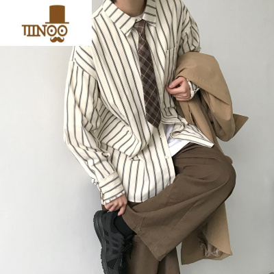 YANXU几物jiwuu日系复古长袖条纹衬衫男女情侣休闲宽松衬衣外套