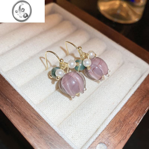 JiMi韩国清新ins风珍珠琉璃花朵耳环时尚甜美耳钩百搭清新气质耳饰女 HE13304-1金色-紫色