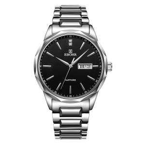 依波表EBOHR大师系列石英表钨钢圈生日礼物双历防水腕表送男友礼物 男表 经典黑 36490110