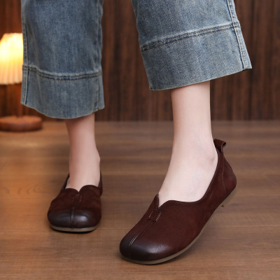 头层牛皮妈妈鞋女2026春季新款民族风平底新中式格格鞋浅口单鞋