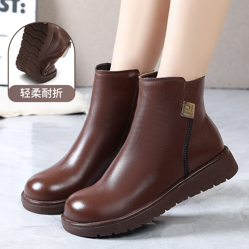 真皮圆头厚底侧拉链短靴女年秋冬新款复古风软底百搭马丁靴女