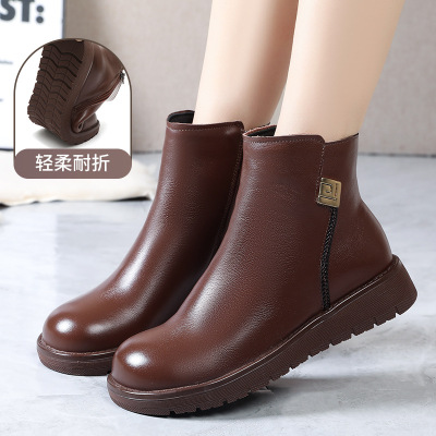 真皮圆头厚底侧拉链短靴女年秋冬新款复古风软底百搭马丁靴女