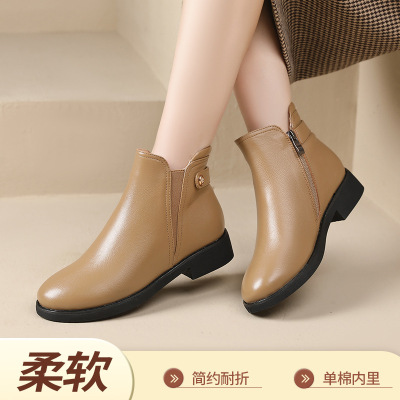 短靴女秋冬新款侧拉链圆头平底女靴头层牛皮休闲软底大码棉靴
